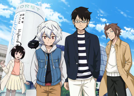 HD desktop wallpaper of Osamu Mikumo, Yūichi Jin, Yūma Kuga, and Chika Amatori from the anime World Trigger, standing outdoors with a clear blue sky backdrop.