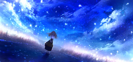 HD PC desktop wallpaper featuring Maquia from the anime Maquia: When the Promised Flower Blooms, standing in a glowing field beneath a starry, vibrant blue sky.