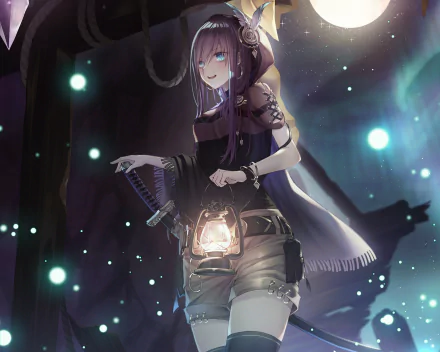Anime original character with long hair and blue eyes smiles softly, holding a lantern and sword under a glowing moon, wearing earrings and a subtle blush in this HD desktop wallpaper.
