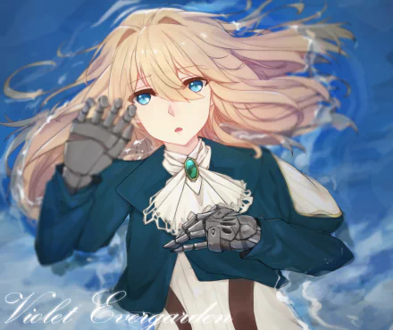 HD anime desktop wallpaper featuring Violet Evergarden with flowing blonde hair, intricate outfit, and striking blue eyes against a blurred blue background.