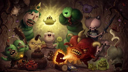 HD desktop wallpaper featuring characters from Poopdie, with cartoonish creatures and a fiery monster in a whimsical, dark setting.