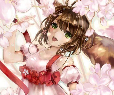 HD anime desktop wallpaper featuring Sakura Kinomoto from Cardcaptor Sakura surrounded by cherry blossoms with vibrant colors and detailed artwork.