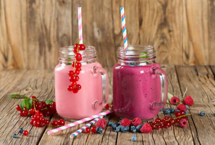Two mason jars filled with pink and purple smoothies made from blueberries, raspberries, currants, and other berries, set on a wooden surface with scattered fruits.