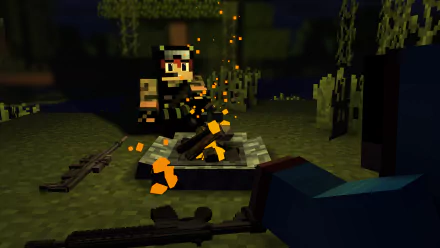 4K Ultra HD Minecraft desktop wallpaper showing a pixelated character sitting by a campfire at night, surrounded by chains and dark foliage in the video game environment.