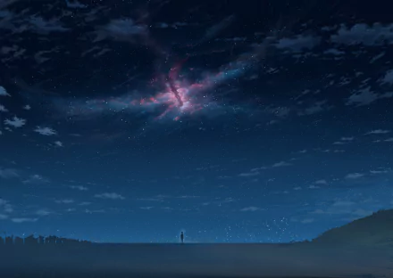 HD anime desktop wallpaper depicting a solitary figure beneath a starry night sky with glowing clouds and vibrant cosmic colors.