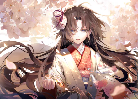 HD desktop wallpaper featuring Shiki Ryougi from Fate/Grand Order, set against a background of blooming cherry blossoms. The detailed anime art showcases Shiki in a vibrant traditional outfit.