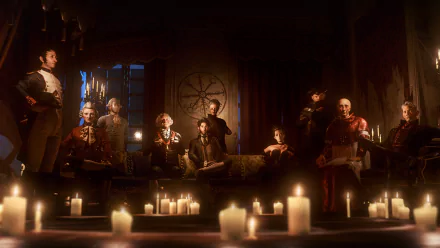 HD desktop wallpaper of 'The Council' gathering, featuring a group of characters in a candlelit room with a mysterious ambiance.