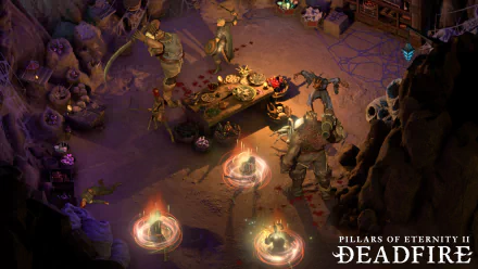 HD wallpaper of Pillars of Eternity II: Deadfire featuring a dimly lit, detailed scene with characters and mystical elements.