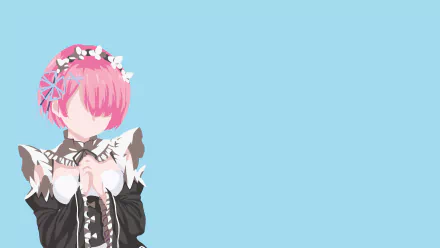 Anime-style 4K Ultra HD wallpaper of Ram from Re:Zero - Starting Life in Another World, featuring her pink hair and maid outfit against a solid light blue background.
