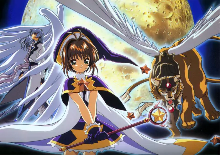Sakura Kinomoto in a star-themed magical outfit holding her staff, flanked by Keroberos and winged Yue against a glowing moon — 4K Ultra HD Cardcaptor Sakura desktop wallpaper.