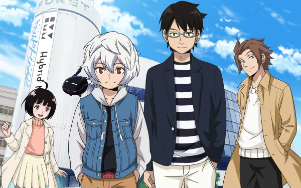 HD desktop wallpaper of Osamu Mikumo, Yūichi Jin, Yūma Kuga, and Chika Amatori from the anime World Trigger, standing outdoors with a clear blue sky backdrop.