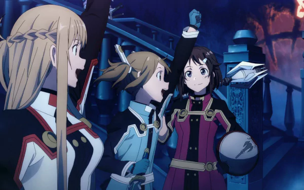 HD desktop wallpaper featuring Rika Shinozaki, Keiko Ayano, and Asuna Yuuki from the anime Sword Art Online Movie: Ordinal Scale in a dynamic, detailed scene.