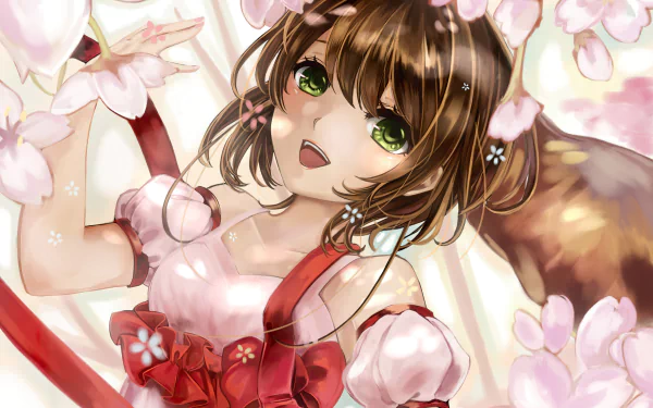 HD anime desktop wallpaper featuring Sakura Kinomoto from Cardcaptor Sakura surrounded by cherry blossoms with vibrant colors and detailed artwork.