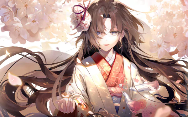 HD desktop wallpaper featuring Shiki Ryougi from Fate/Grand Order, set against a background of blooming cherry blossoms. The detailed anime art showcases Shiki in a vibrant traditional outfit.