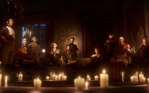 HD desktop wallpaper of 'The Council' gathering, featuring a group of characters in a candlelit room with a mysterious ambiance.