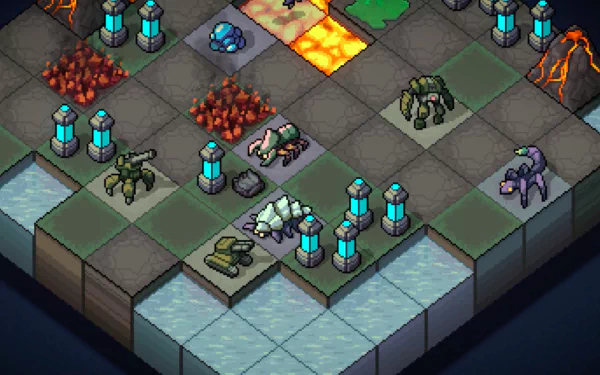 HD Into the Breach game wallpaper featuring mechs and monsters on a grid-based battlefield.