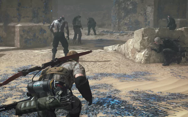 HD wallpaper of Metal Gear Survive featuring a stealthy soldier and enemies in a desert ruin backdrop.