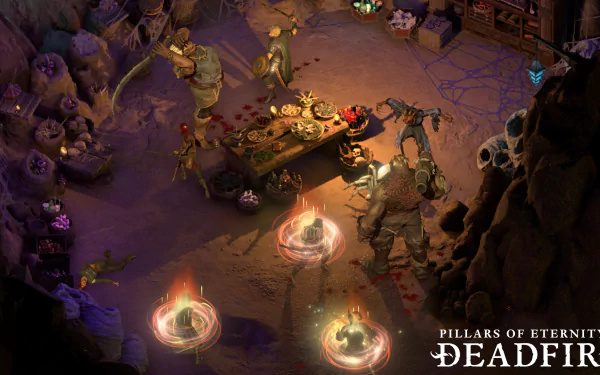 HD wallpaper of Pillars of Eternity II: Deadfire featuring a dimly lit, detailed scene with characters and mystical elements.