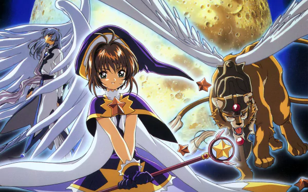 Sakura Kinomoto in a star-themed magical outfit holding her staff, flanked by Keroberos and winged Yue against a glowing moon — 4K Ultra HD Cardcaptor Sakura desktop wallpaper.