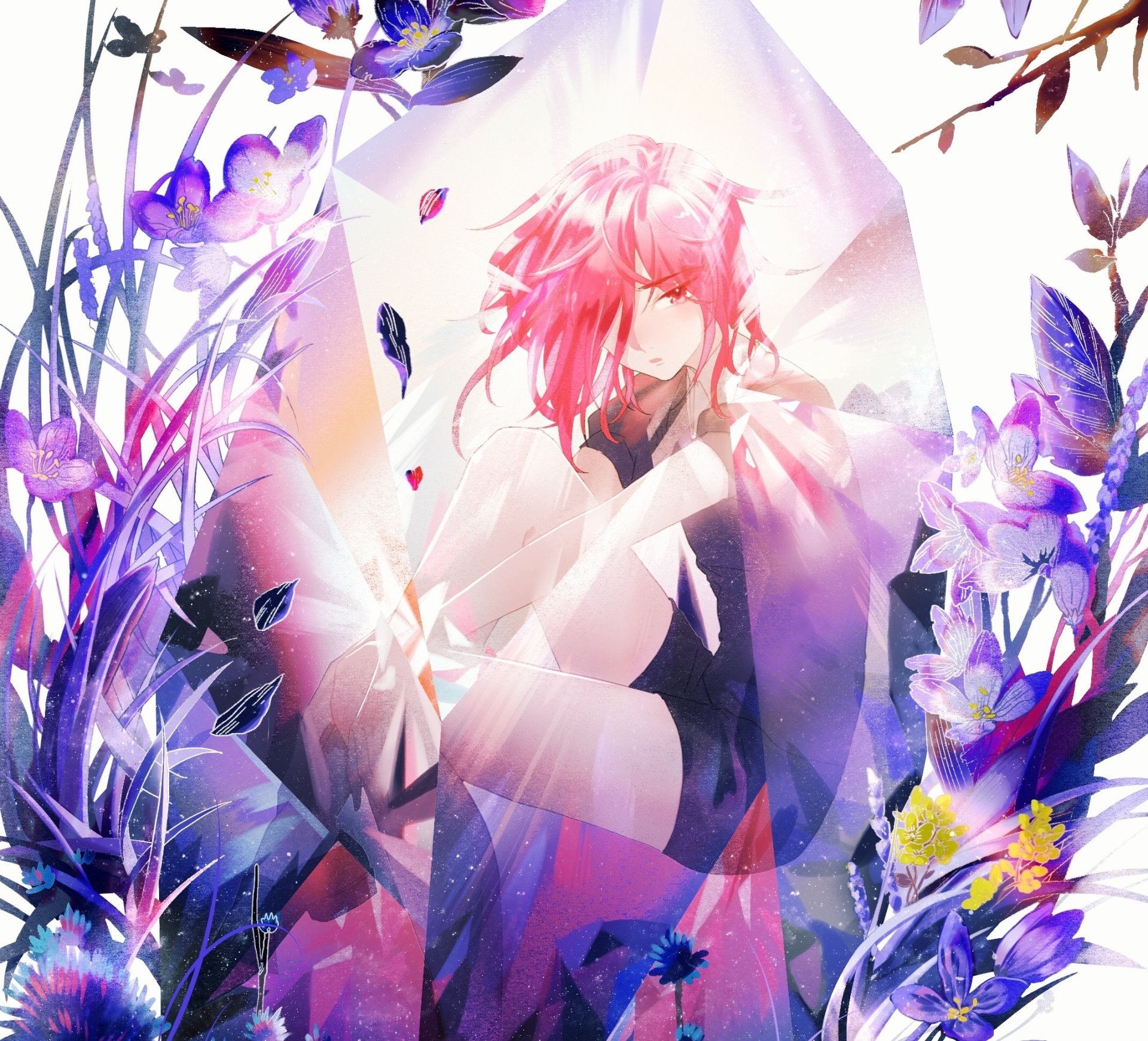 Cinnabar (Land of the Lustrous) seated inside a luminous crystal, pink hair and wistful expression among purple flowers — anime HD PC desktop wallpaper.