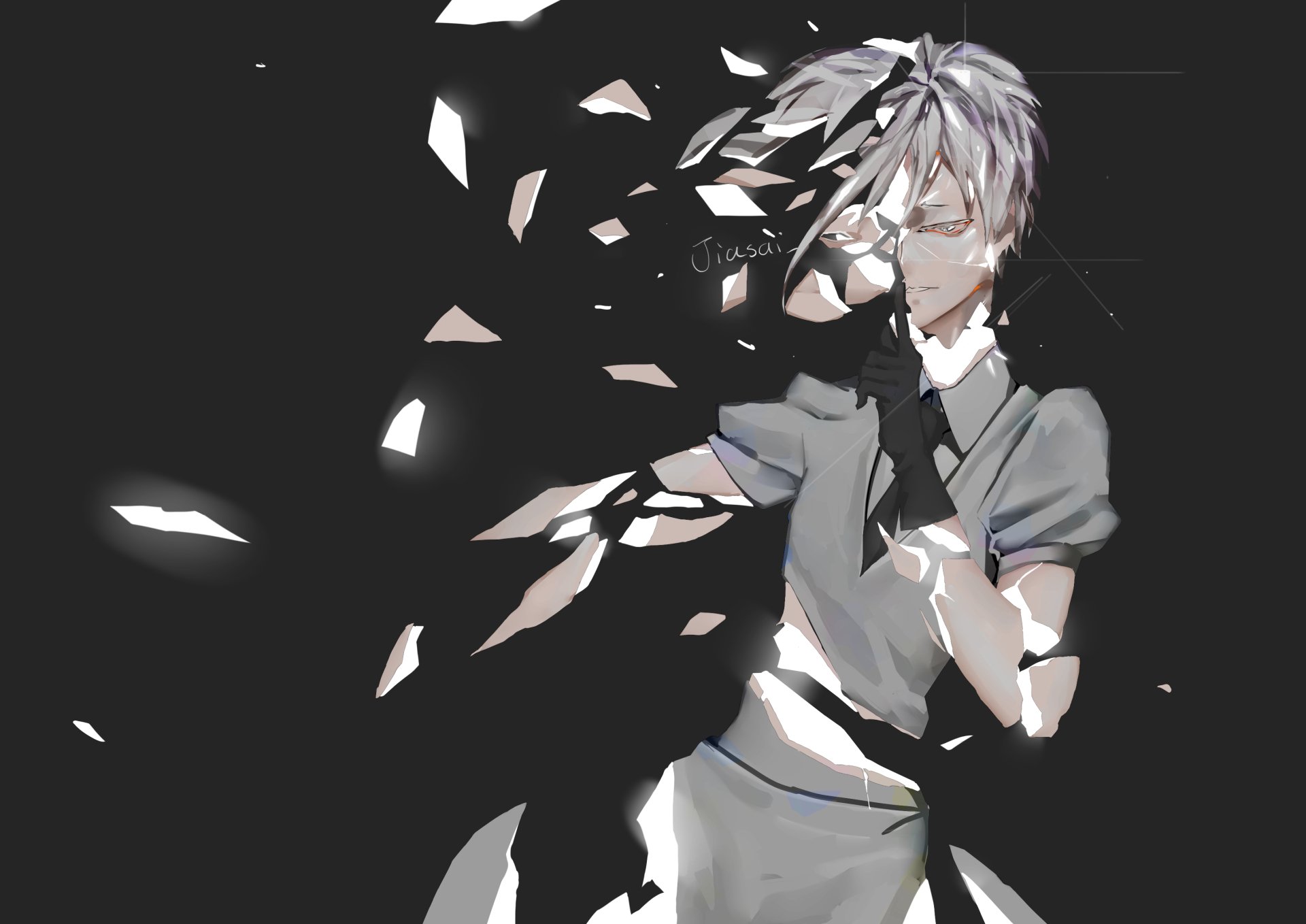 Antarcticite from Land of the Lustrous in monochrome anime style, shards scattering as he clutches his chest — 2K Quad HD PC desktop wallpaper and background.