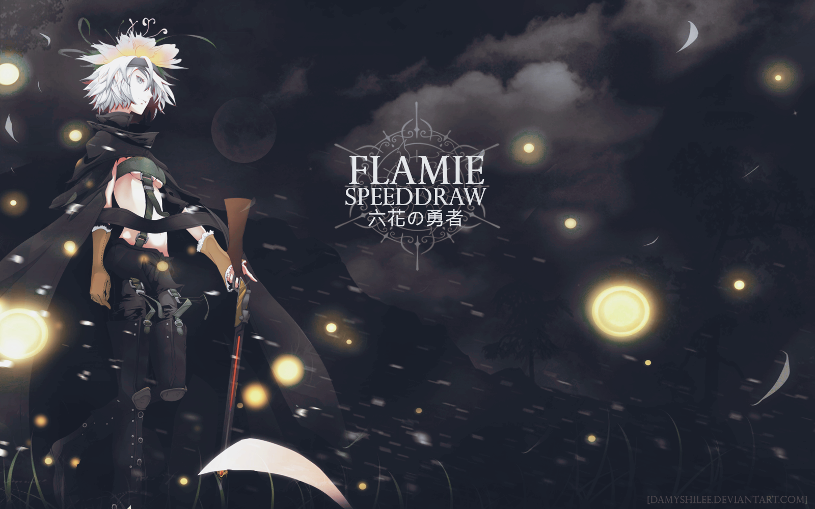 HD PC desktop wallpaper featuring Fremy Speeddraw from the anime Rokka: Braves of the Six Flowers against a dark, glowing background.