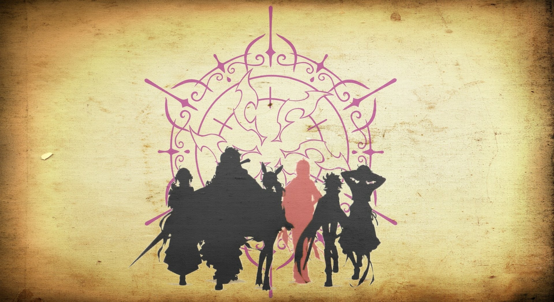 HD PC desktop wallpaper featuring anime characters from Rokka: Braves of the Six Flowers with a vintage parchment background and an intricate purple emblem behind them.