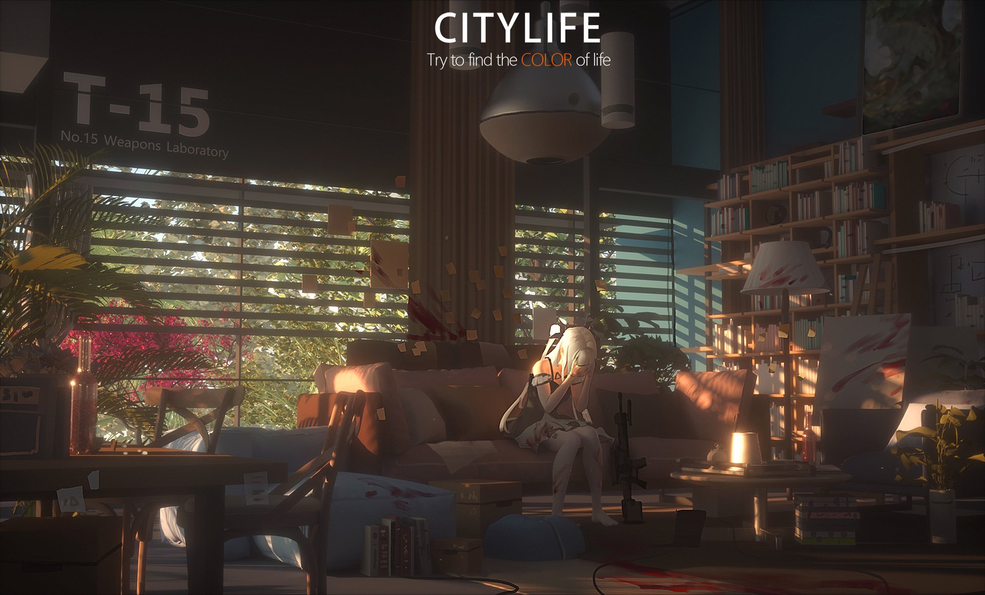 HD anime PC desktop wallpaper depicting a cozy, dimly lit urban living room with bookshelves, plants, and a character sitting on a couch by large windows.