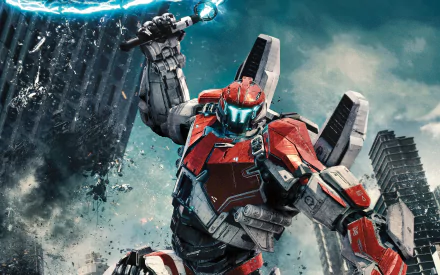 HD desktop wallpaper featuring a dynamic scene from the movie Pacific Rim: Uprising, showcasing a red and grey mech wielding a weapon amidst a backdrop of collapsing buildings and cloudy skies.