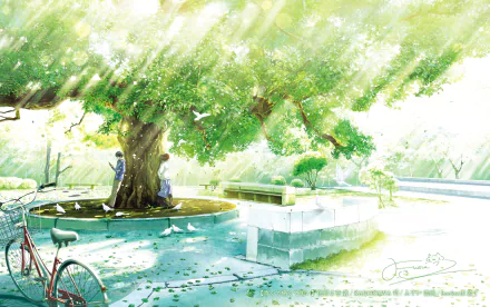 A serene anime scene featuring a large tree bathed in sunbeams, with two figures resting nearby and a bicycle parked in the foreground, creating a tranquil atmosphere.