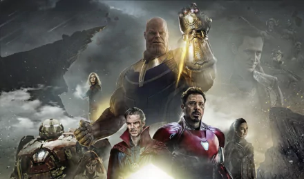 HD desktop wallpaper featuring characters from Avengers: Infinity War, including Loki, Hulkbuster, Doctor Strange, Iron Man, and Thanos, with a dramatic, cloudy background.