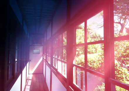 HD anime original desktop wallpaper featuring a sunlit corridor with large windows casting warm light and soft shadows, blending interior and exterior views.