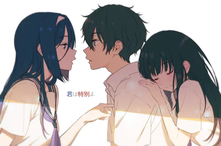 HD desktop wallpaper featuring Fuyumi Irisu, Hōtarō Oreki, and Eru Chitanda from the anime Hyouka.