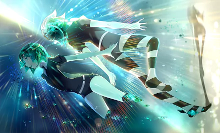 HD anime wallpaper featuring Phosphophyllite from Land of the Lustrous, showcasing vibrant light effects and dynamic underwater motion in a striking PC desktop background.
