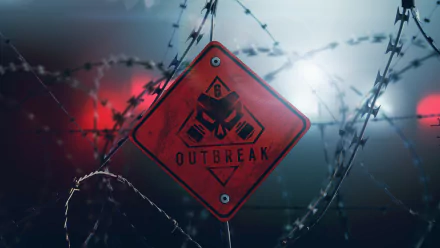 HD wallpaper of Tom Clancy's Rainbow Six: Siege Outbreak DLC. The image shows a red sign with Outbreak text and a skull logo, surrounded by barbed wire against a backdrop of red and blue lights.