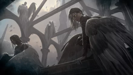 Dark angelic figures with glowing eyes perched on gothic stone architecture, set in a moody, mystical Magic: The Gathering HD desktop wallpaper.