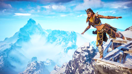 Aloy from Horizon Zero Dawn: The Frozen Wilds balances on a snowy mountain ledge against a vivid blue sky, captured in this HD PC desktop wallpaper.