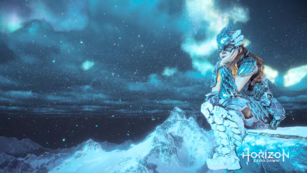 A stunning HD wallpaper featuring Aloy from Horizon Zero Dawn: The Frozen Wilds, set against a snowy mountain and night sky backdrop. The Horizon Zero Dawn logo is displayed in the bottom right corner.