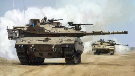 HD PC desktop wallpaper: Merkava main battle tanks advancing across dusty terrain, a military convoy with mounted guns.