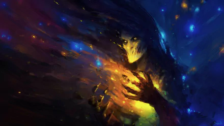 Dark fantasy HD wallpaper depicts a shadowy, cloaked figure with glowing eyes clutching a fiery, glowing orb amid swirling blue and orange hues.