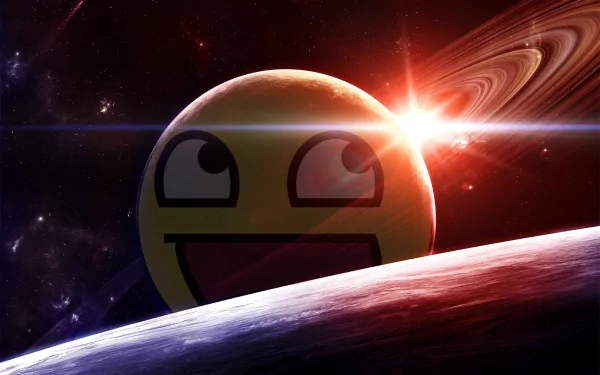A vibrant HD wallpaper featuring a giant smiley face against a cosmic backdrop, with a planet and the sun shining brightly, creating a fun and whimsical space scene.