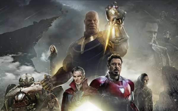 HD desktop wallpaper featuring characters from Avengers: Infinity War, including Loki, Hulkbuster, Doctor Strange, Iron Man, and Thanos, with a dramatic, cloudy background.