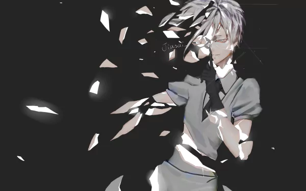 Antarcticite from Land of the Lustrous in monochrome anime style, shards scattering as he clutches his chest — 2K Quad HD PC desktop wallpaper and background.