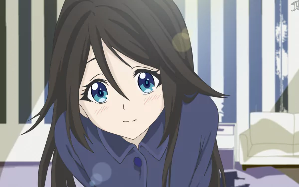 HD anime wallpaper of Reina Izumi from Myriad Colors Phantom World, featuring her smiling with long black hair and bright blue eyes.