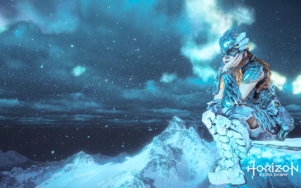 A stunning HD wallpaper featuring Aloy from Horizon Zero Dawn: The Frozen Wilds, set against a snowy mountain and night sky backdrop. The Horizon Zero Dawn logo is displayed in the bottom right corner.