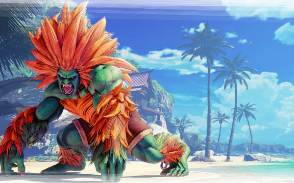 Blanka from Street Fighter V crouches on a tropical beach, showcased in a vibrant 8K Ultra HD video game desktop wallpaper background.