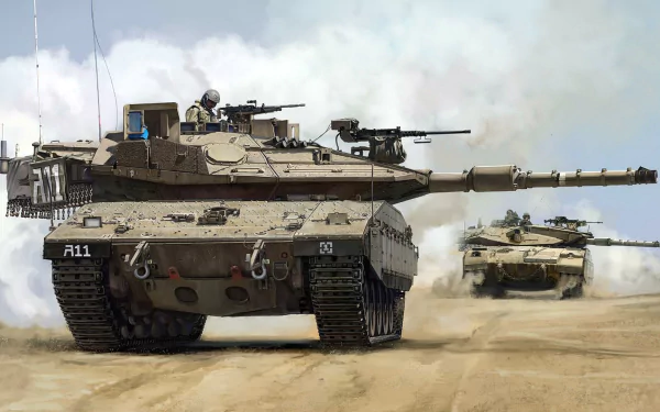 HD PC desktop wallpaper: Merkava main battle tanks advancing across dusty terrain, a military convoy with mounted guns.
