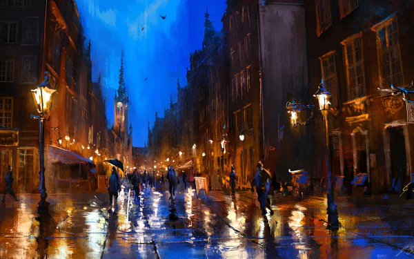 Artistic painting of a rainy night in Gdansk, Poland, depicting people walking on wet streets illuminated by glowing lamp posts. The vibrant colors enhance the charm of the picturesque cityscape.