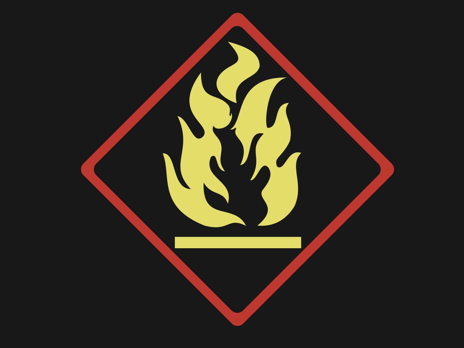 HD PC desktop wallpaper featuring a stylized yellow flame warning sign within a red diamond border on a black background.