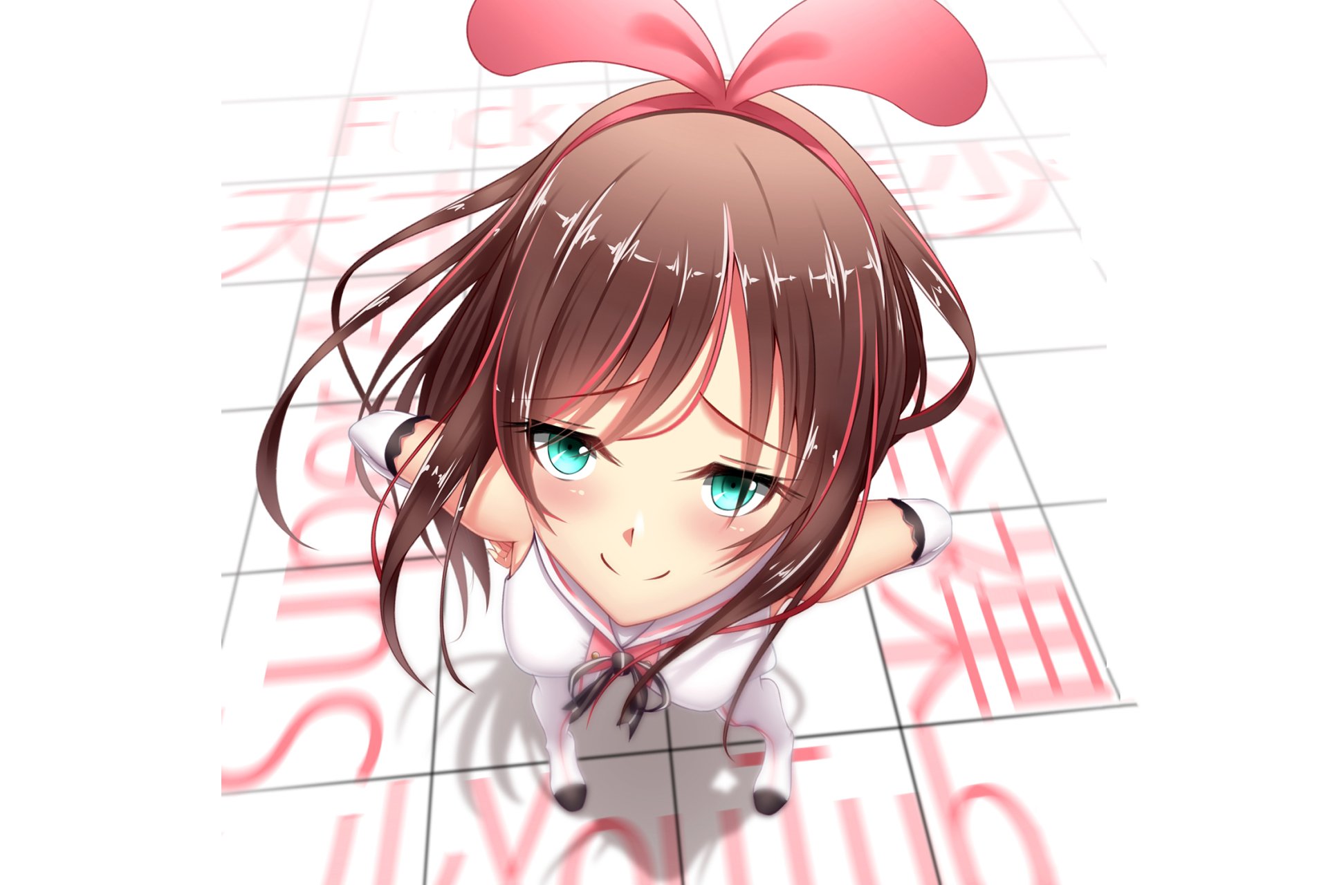 Kizuna AI anime portrait — teal-eyed girl with pink bow and flowing hair, looking up with hands near her face; HD PC desktop wallpaper for AI Channel